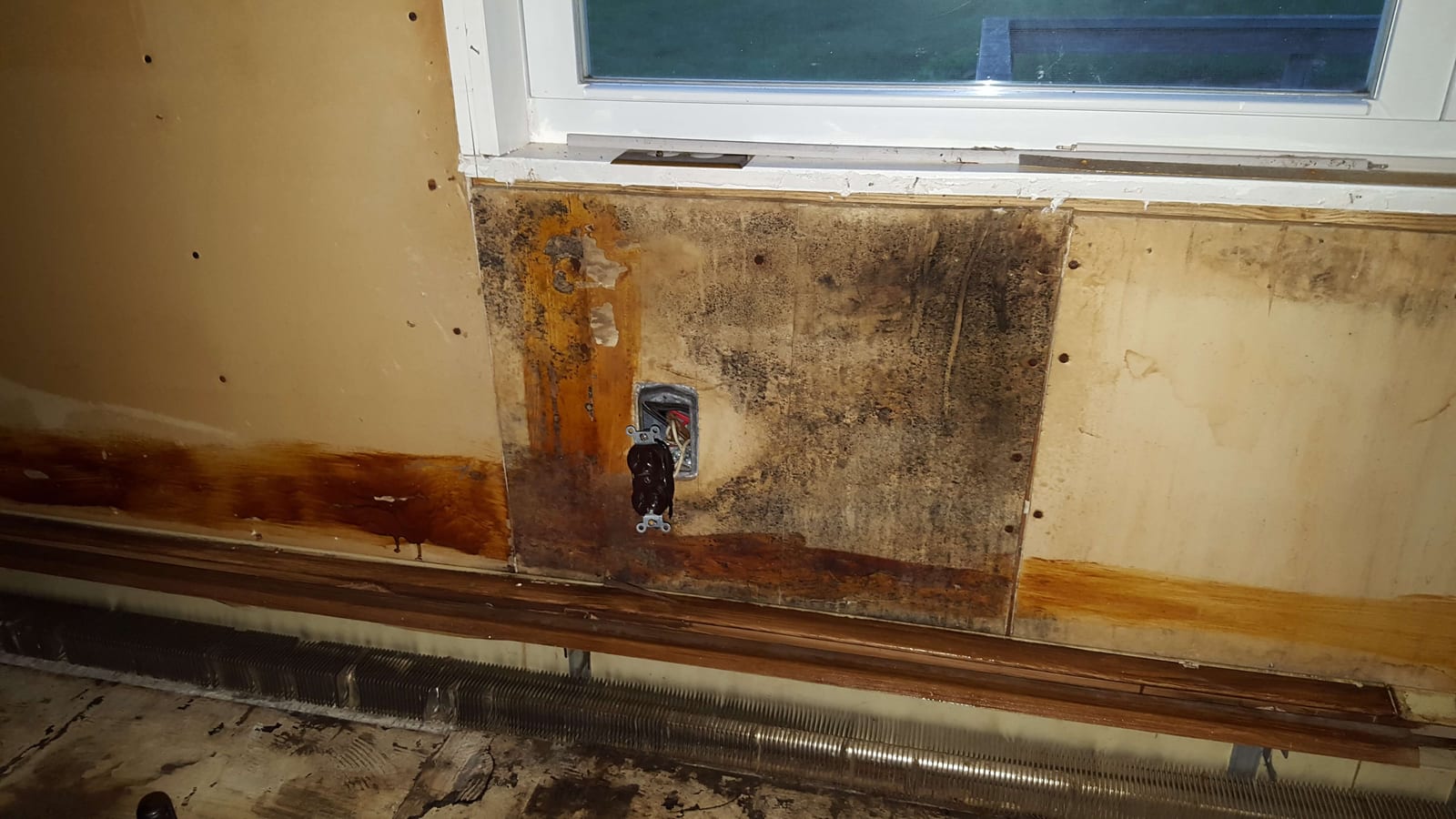 Water-damaged plywood sheathing exposed after drywall demolition around window
